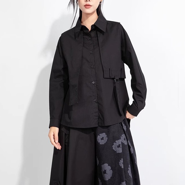 シャツカラー 長袖 アシンメトリーデザイン シャツ 1color BL0550