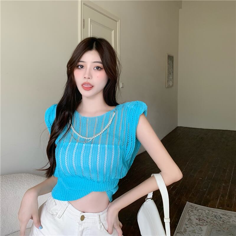 サマースタイル薄手ニットトップス ノースリーブショートレディース 夏物 シルク ドラファッションホール49650593326