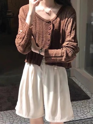 Uネックリブニットカーディガン