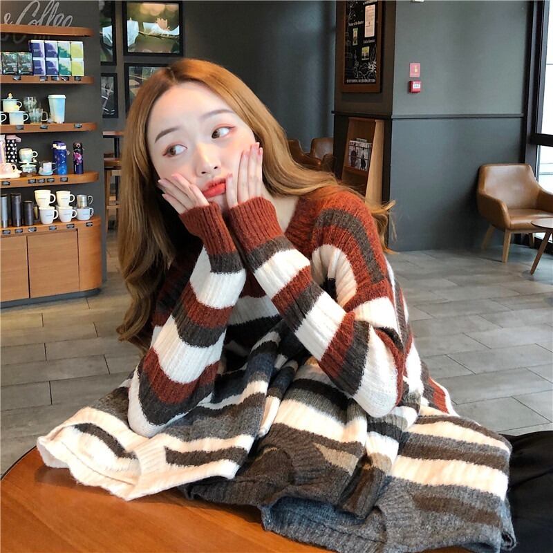 オータムウィンタールーズセーター スタンダードスタイルストライプニットトップス レトロ 秋物 冬物 1号婦人55115717254