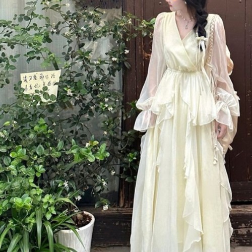 シフォンスリーブカシュクールラッフルワンピ ・78934