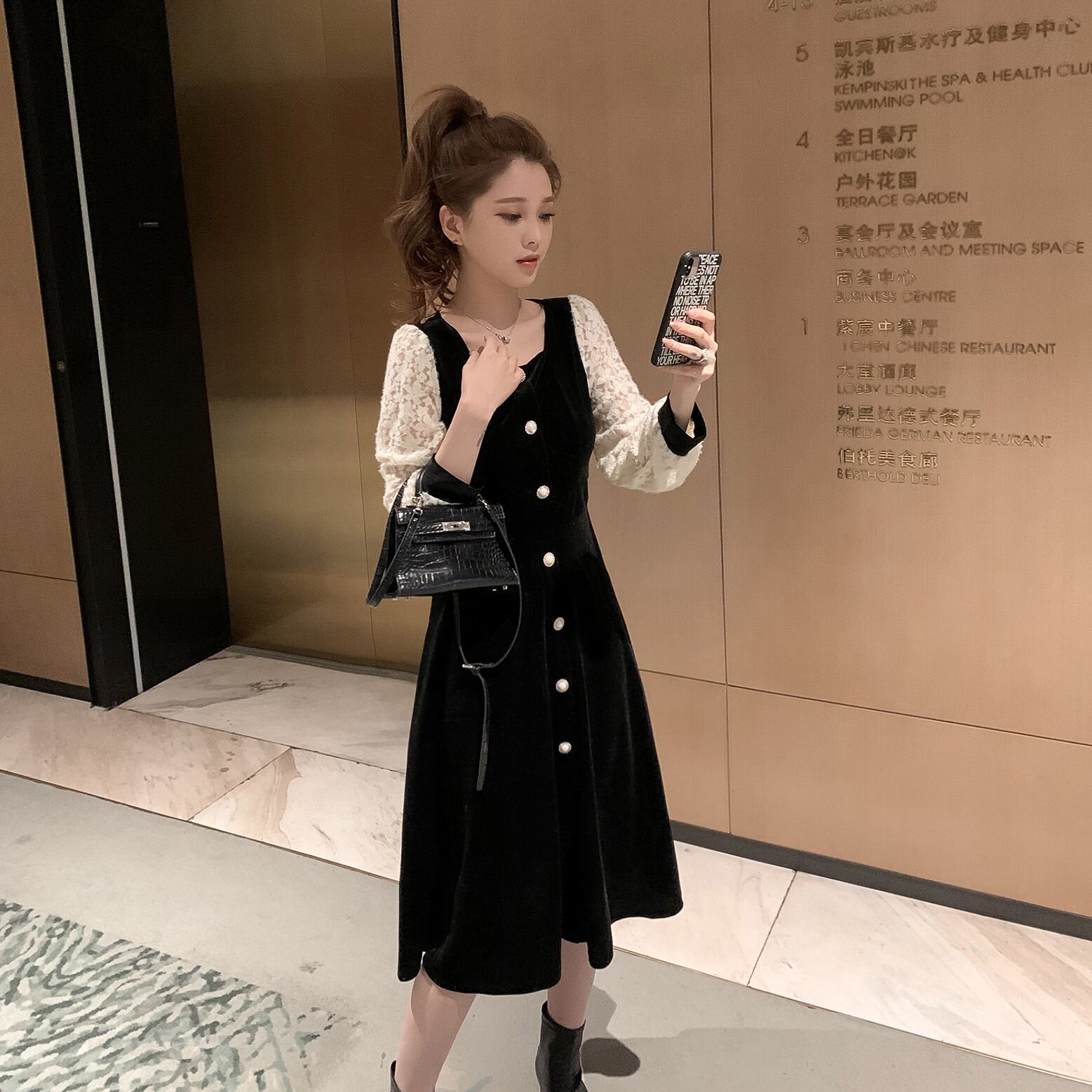 スタイルレースドレス ウィンタースタンダードブラック レトロ 冬物 ステッチ 6Du_Shop_Women25959085863