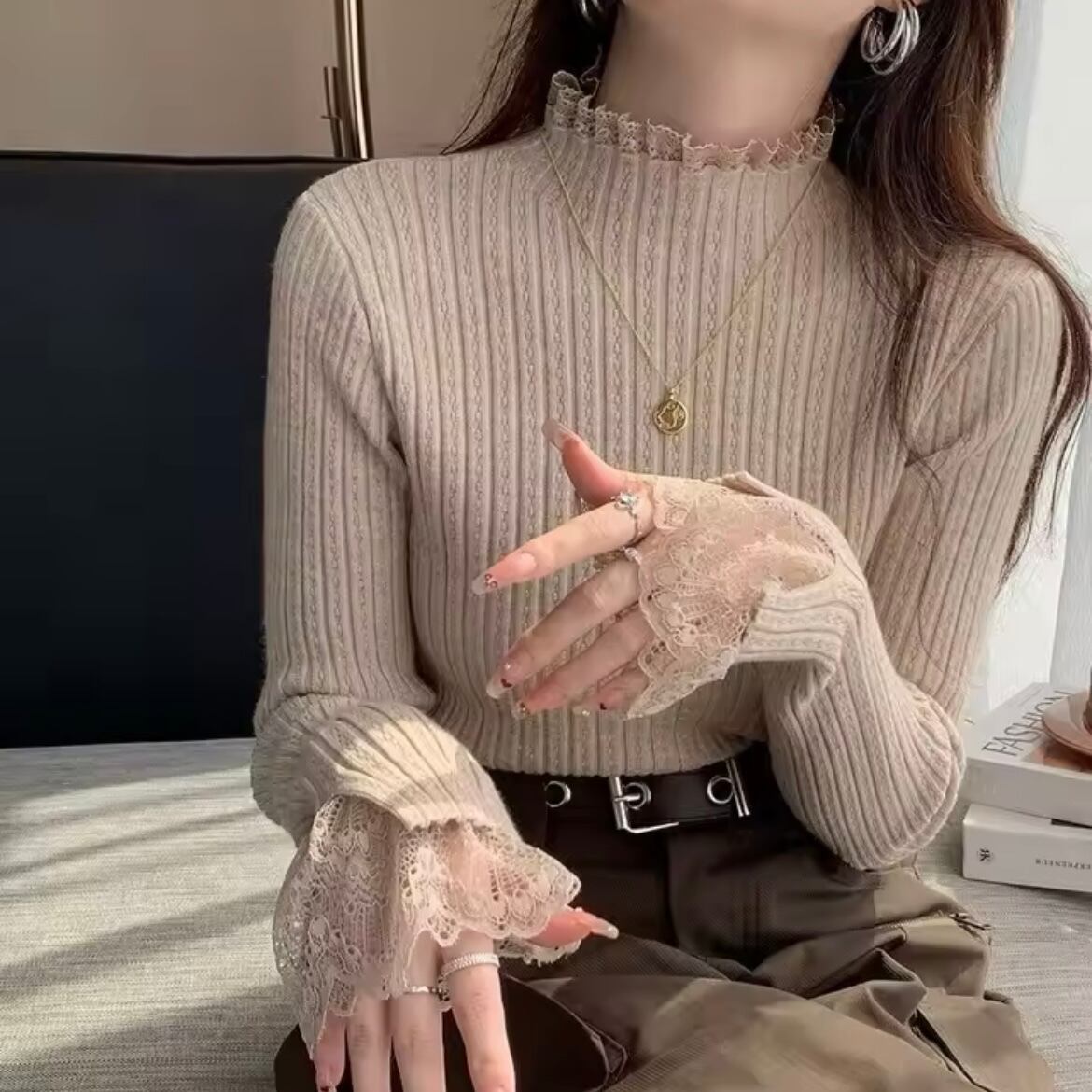 lace sleeve rib knit