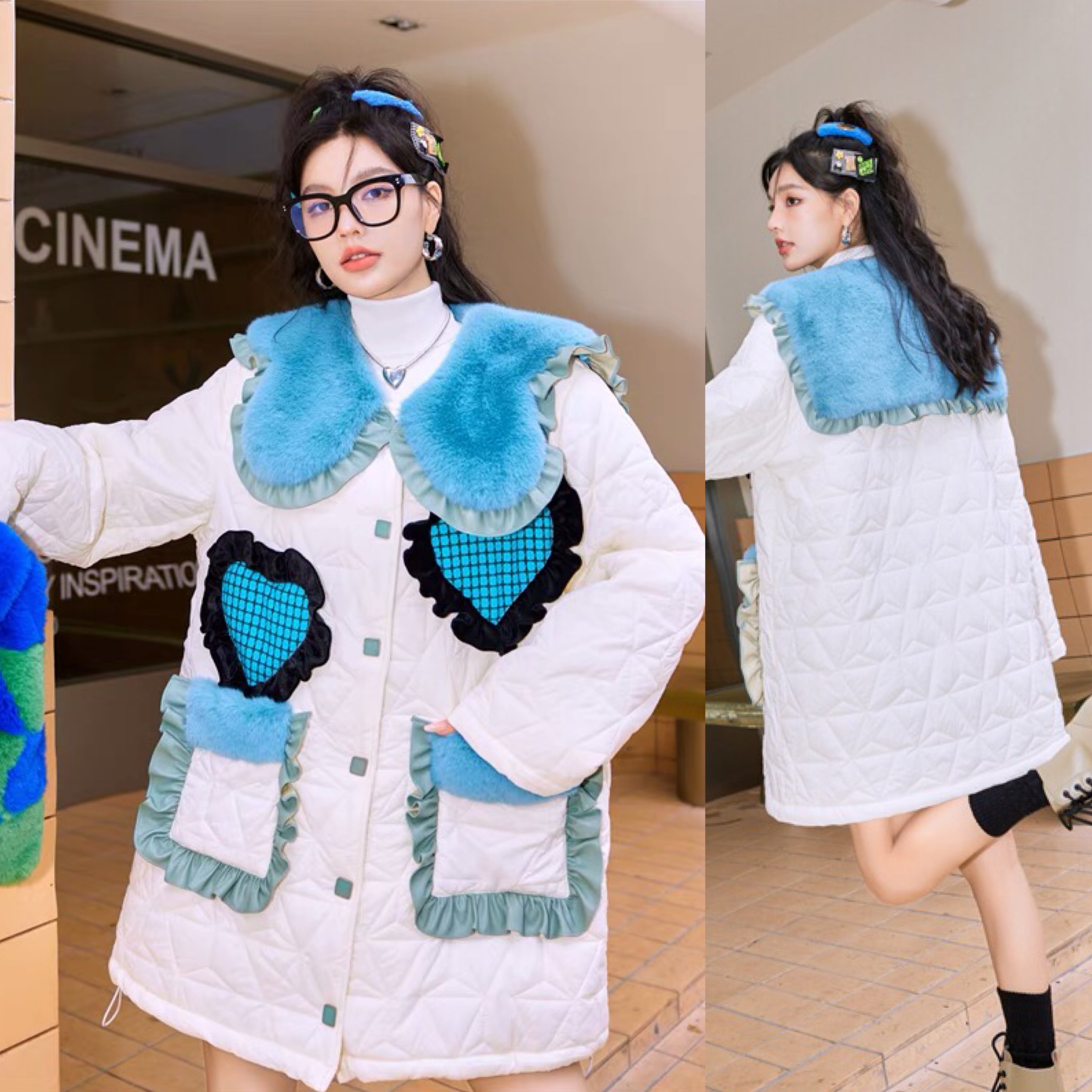 コート 水色 丸襟 ハート ポケット コート 黒 ファー ブルゾン