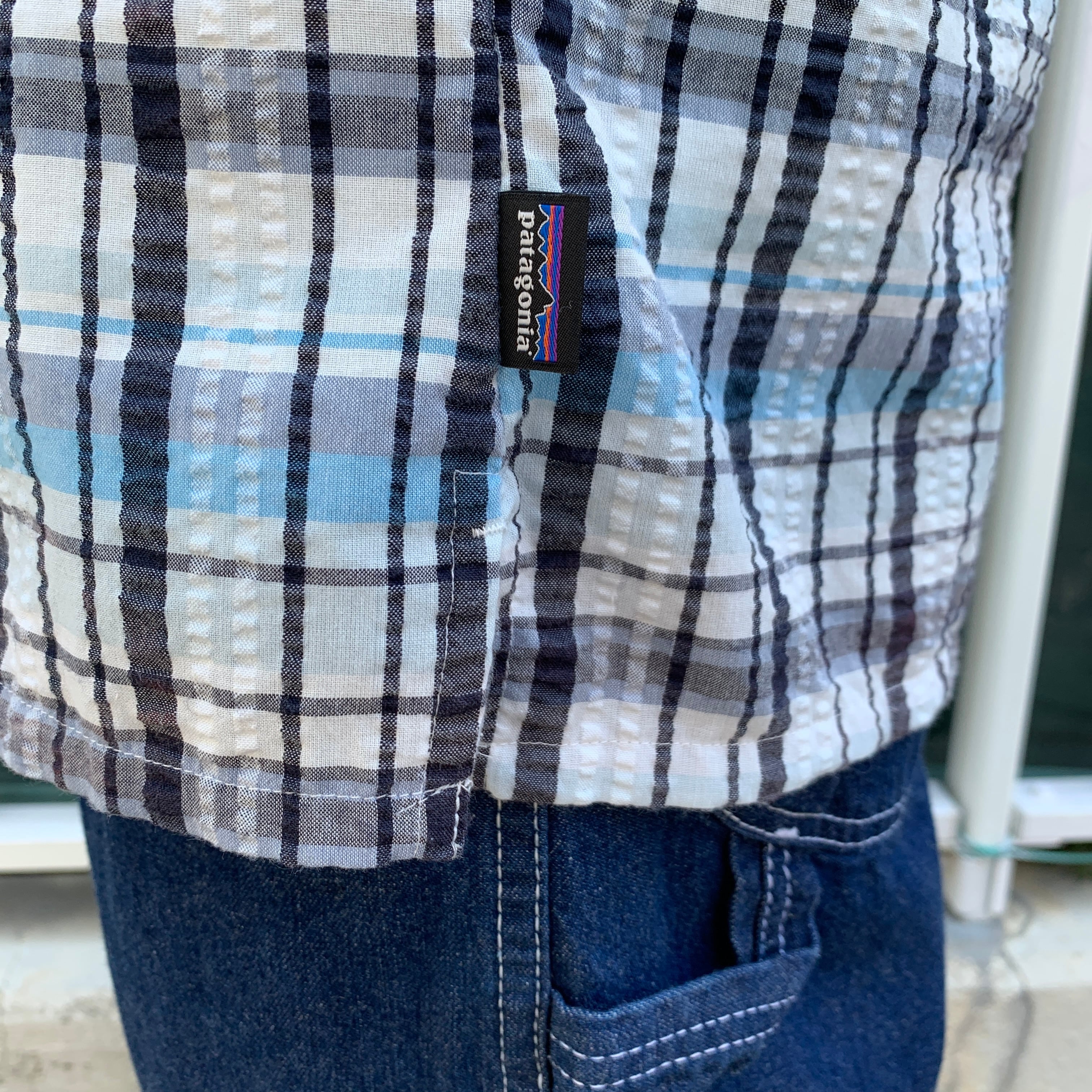 patagonia パッカーウェアシャツ チェック柄半袖シャツ ブルー系 M