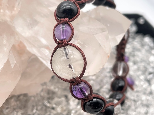 編みブレスレット（水晶【鳳凰】・アメジスト・ブラックトルマリン）