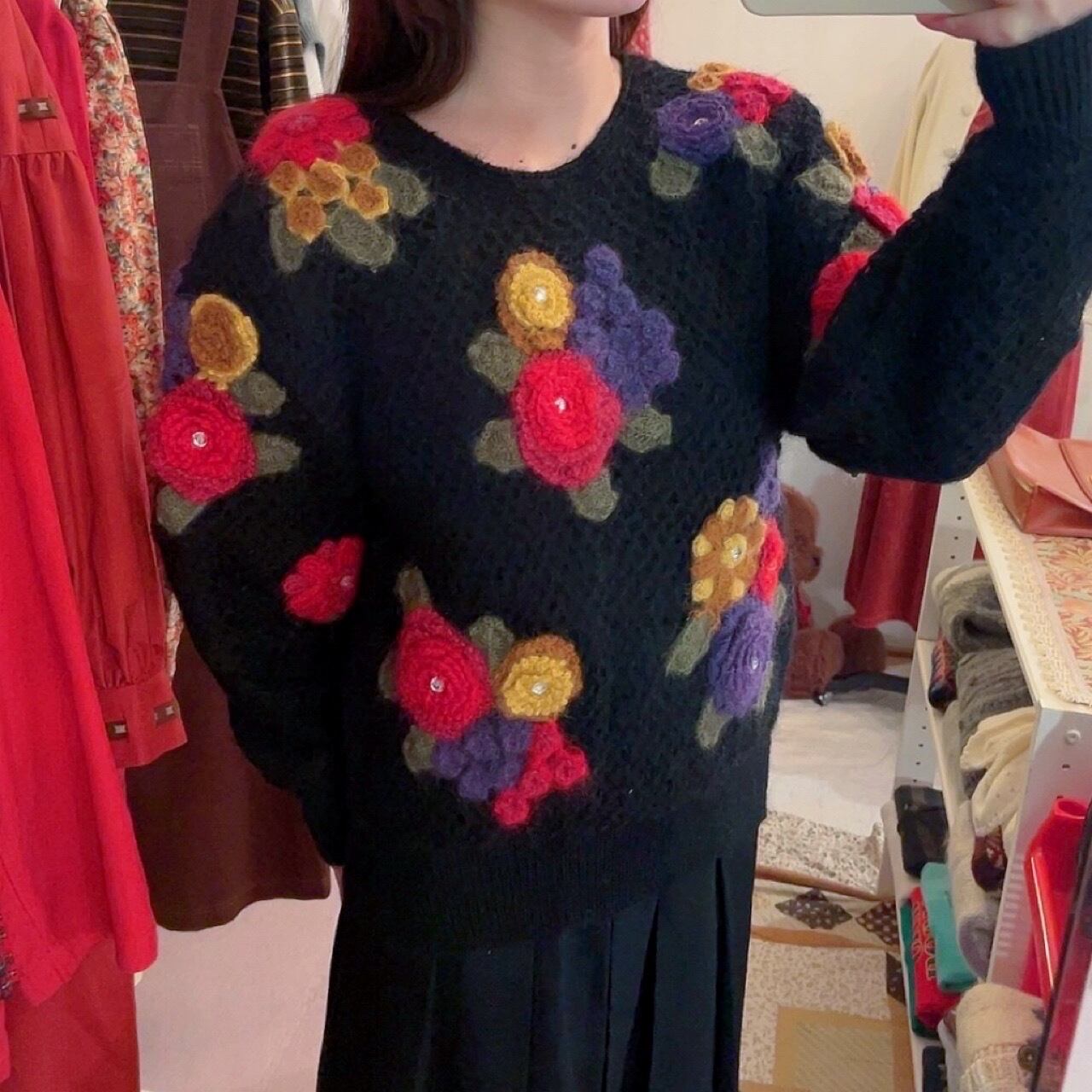 colorful flower stone mesh knit sweater