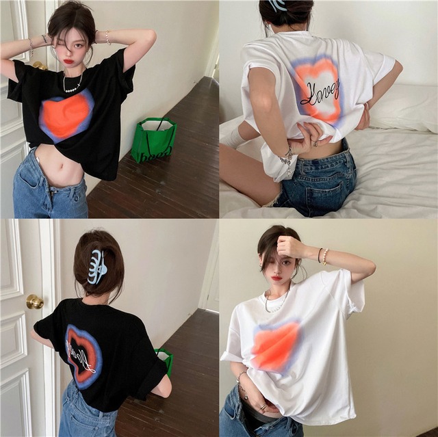 Tシャツ プリントブラックルーズトップス サマー 夏物 ブラックストロベリース11055957941