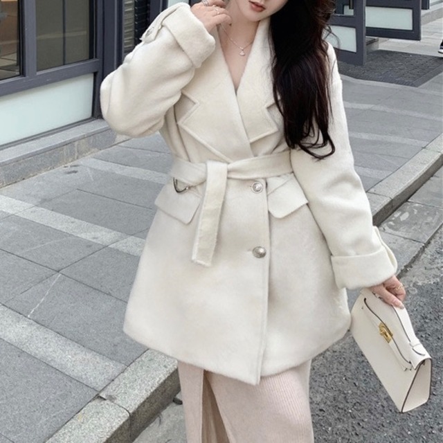 【FREE,1color】シンプル ミドル丈 ウールコート ホワイト a027