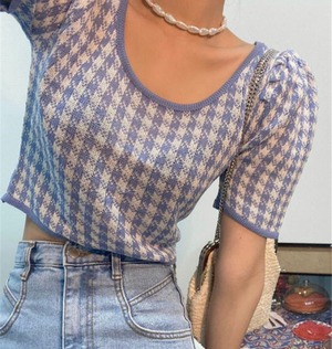 新作☆スクエアネック ショート丈トップス 千鳥格子柄♡半袖 Tシャツ カジュアル(DM0017)