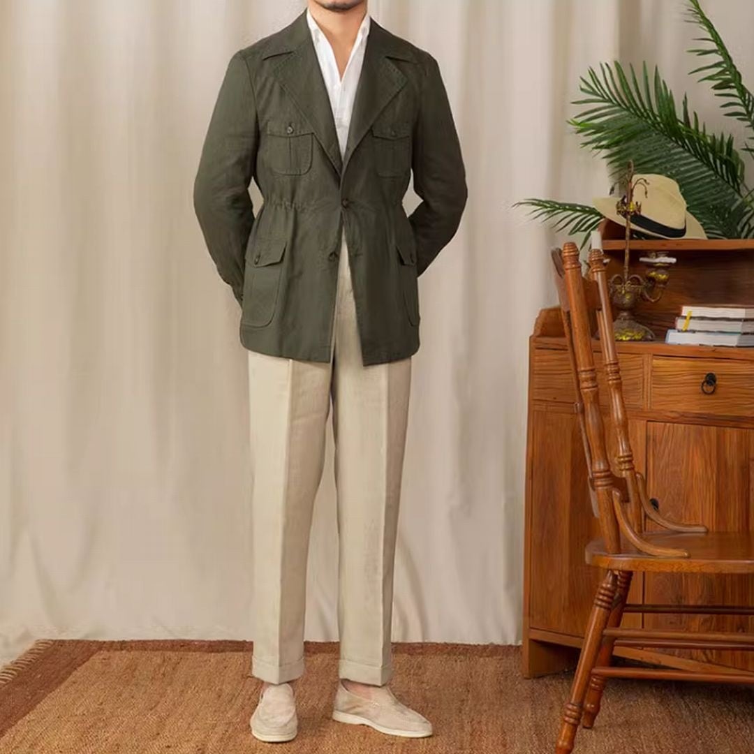 【未使用タグ付】nowos｜リネンサファリジャケット　ベージュ 未使用タグ付】nowos｜リネンサファリジャケットベージュ