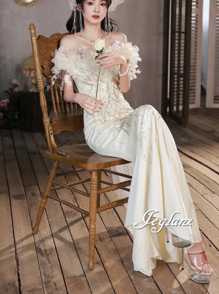 パーティ イブニングドレス 背中編み上げ ベアトップ 立体 フラワー(O5583)ε