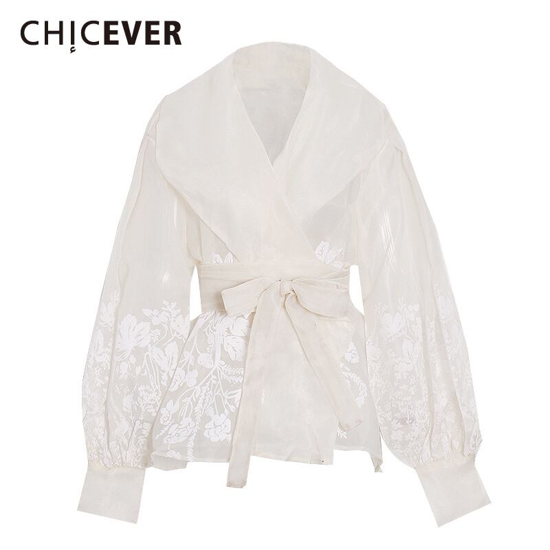 CHICEVER刺繡シャツ女性Vネックランタン長袖ボウノットレースアップシャーリングチュニックブラウス2021服 ロング リボン 刺繍 6base541681205291