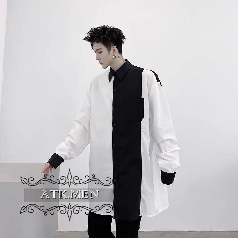 メンズ　シャツ　長袖　柄　白　黒　デザイン　シンプル　カジュアル　芸術風