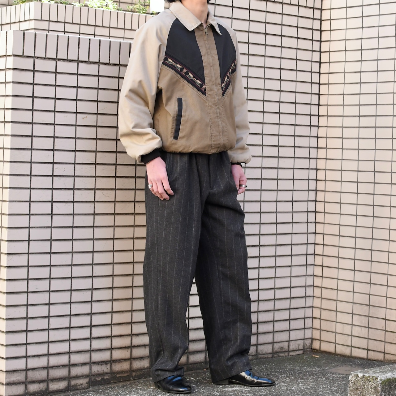 wool stripe slacks charcoal gray