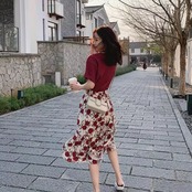 Red Flower Half Skirt Two-piece Set 5179