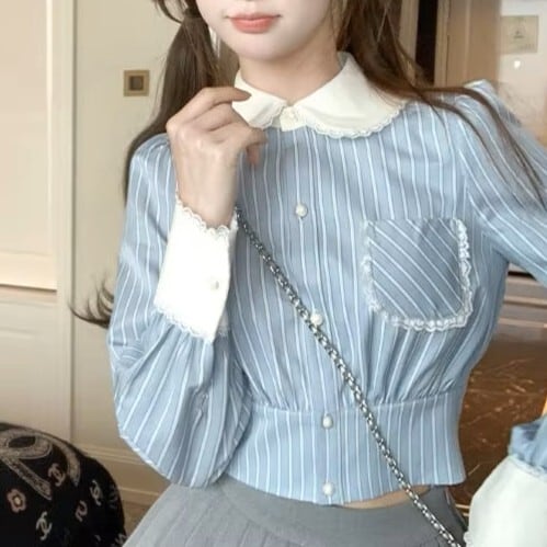 ストライプクロップドフリルシャツ