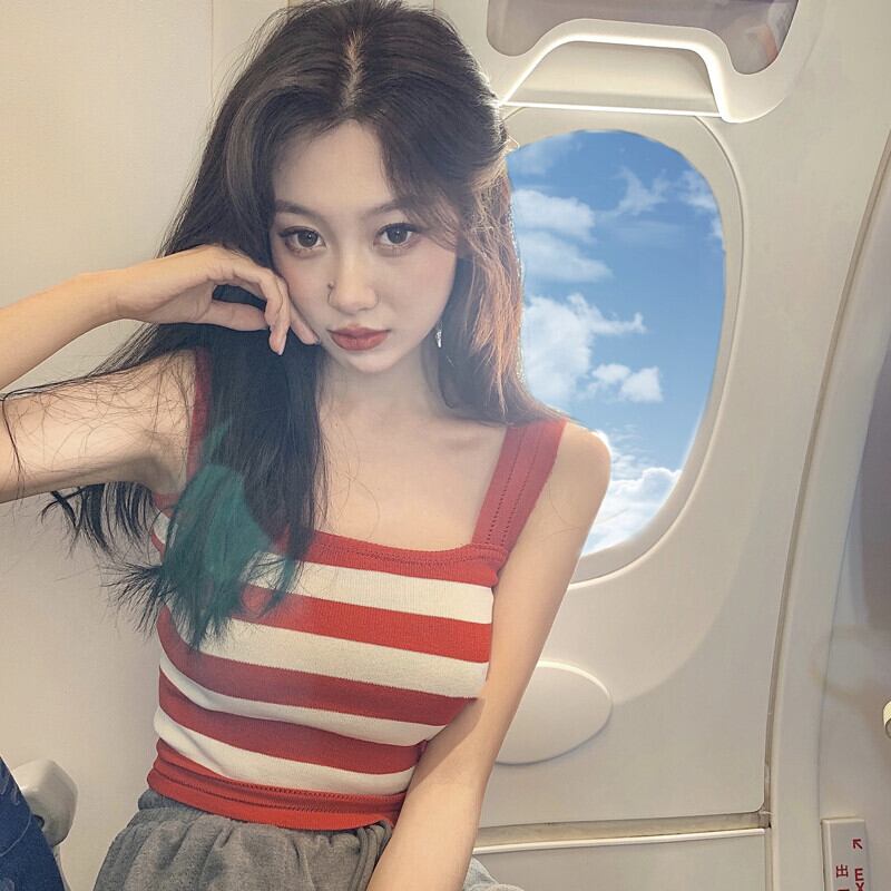 ニットショートノースリーブストライプスタンダードバックシャツ サマー レトロ 半袖 ハーフスリーブ 夏物 ガールズファッション56074949483