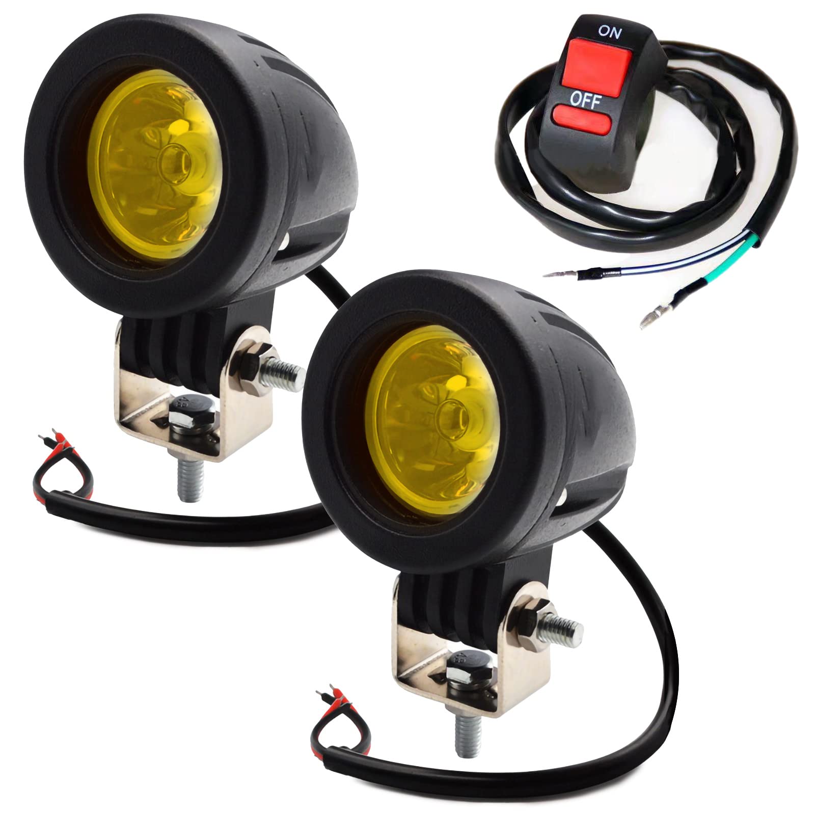 Meliore 汎用 LED 小型 スポット ライト 2個 セット 12V 24V バイク 10W ON OFFスイッチ 付き CREE 丸型 ヘッドライト フォグランプ ワークライト 作業灯 防水 イエロー 黄