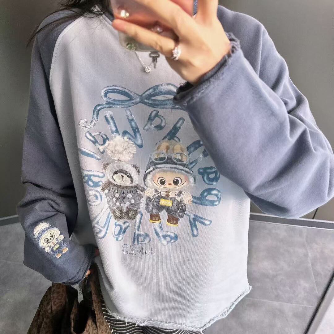 【ゆるカワ印象】Pandawarks Labubu 330gコットン バイカラーパーカー ふち返しデザインが軽やか スッキリシルエット