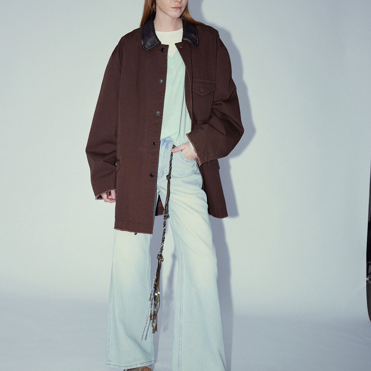 Leather Collar Over Shirt Jacket T3848