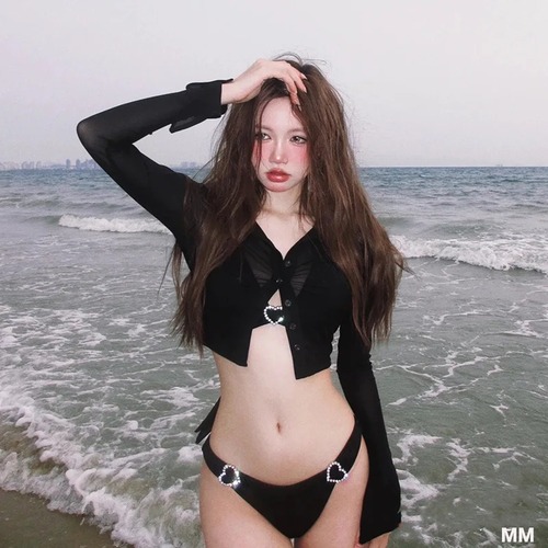 韓国スタイルの黒の水着セット,ハートリング付きビキニ,長袖トップス,ビーチウェア,セクシー,ニューコレクション2024 韓国系水着 セパレート水着 ワンピース水着 T240626154904_01