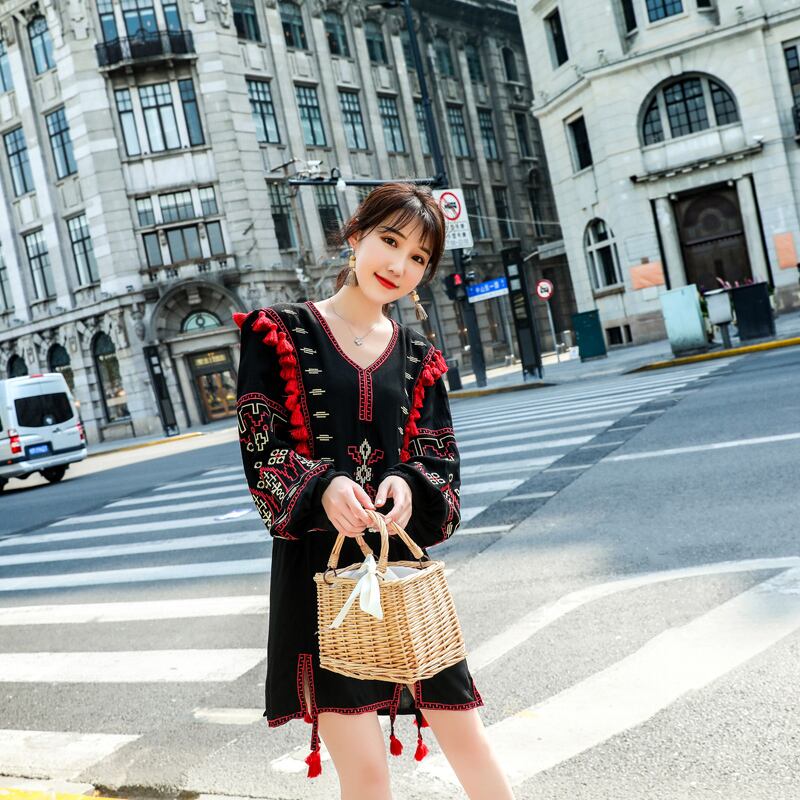 刺繍Vネックドレス エスニックスタイルスカート ビーチ 延命家ファッション5936043