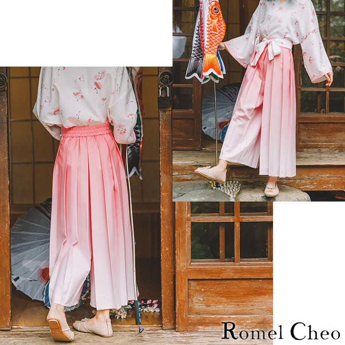 RomelCheo リボン 袴パンツ ピンク プリーツ ワイド ガウチョ パンツ 和服 グラデーション 桜柄 リボン キュロット レディース マキシ丈  巫女 サブカル ゆめかわ かわいい 病みかわ 原宿系 和風 モダン 和装 ロメルチェオ