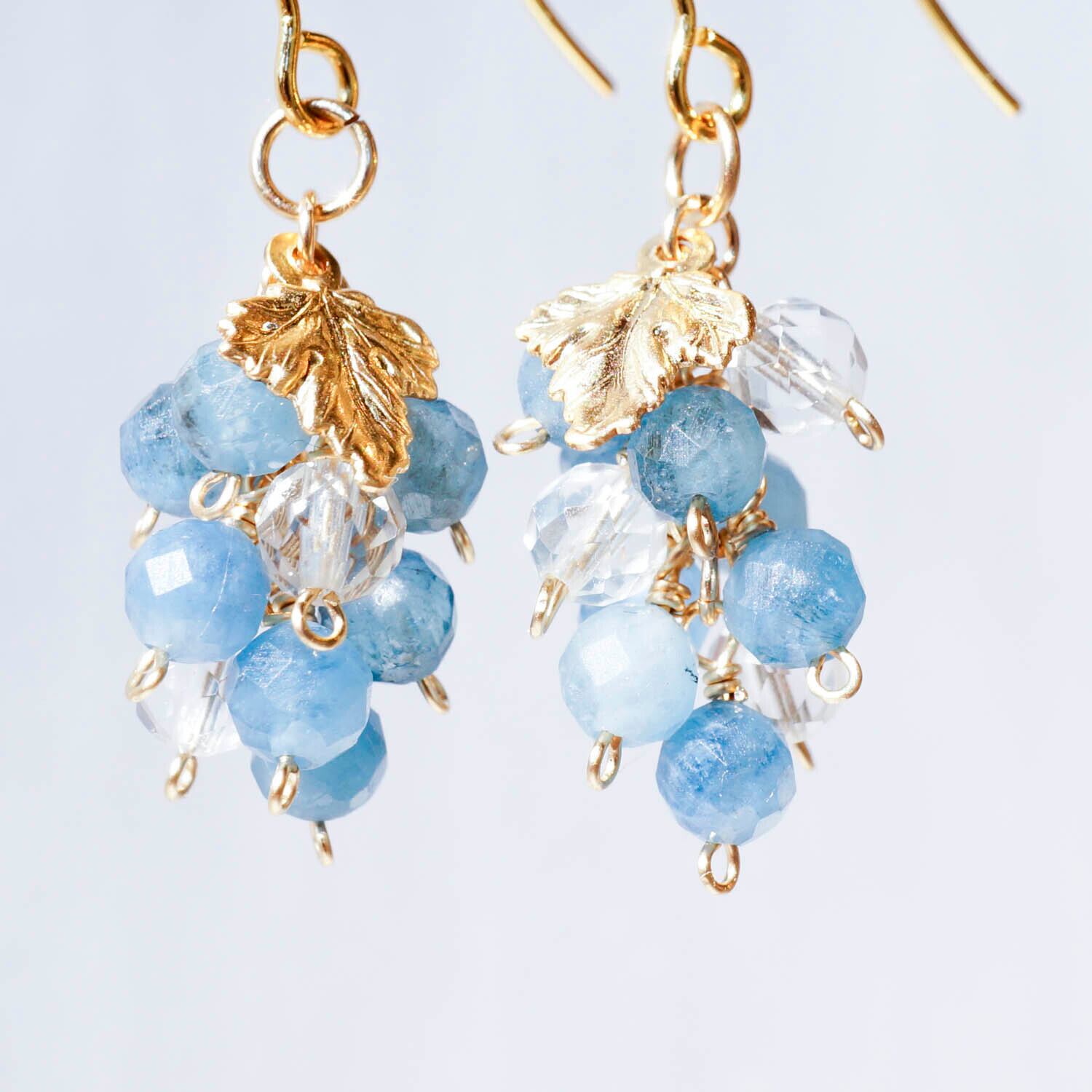 14kgf レインボームーンストーン×ディープブルーアクアマリン ピアス