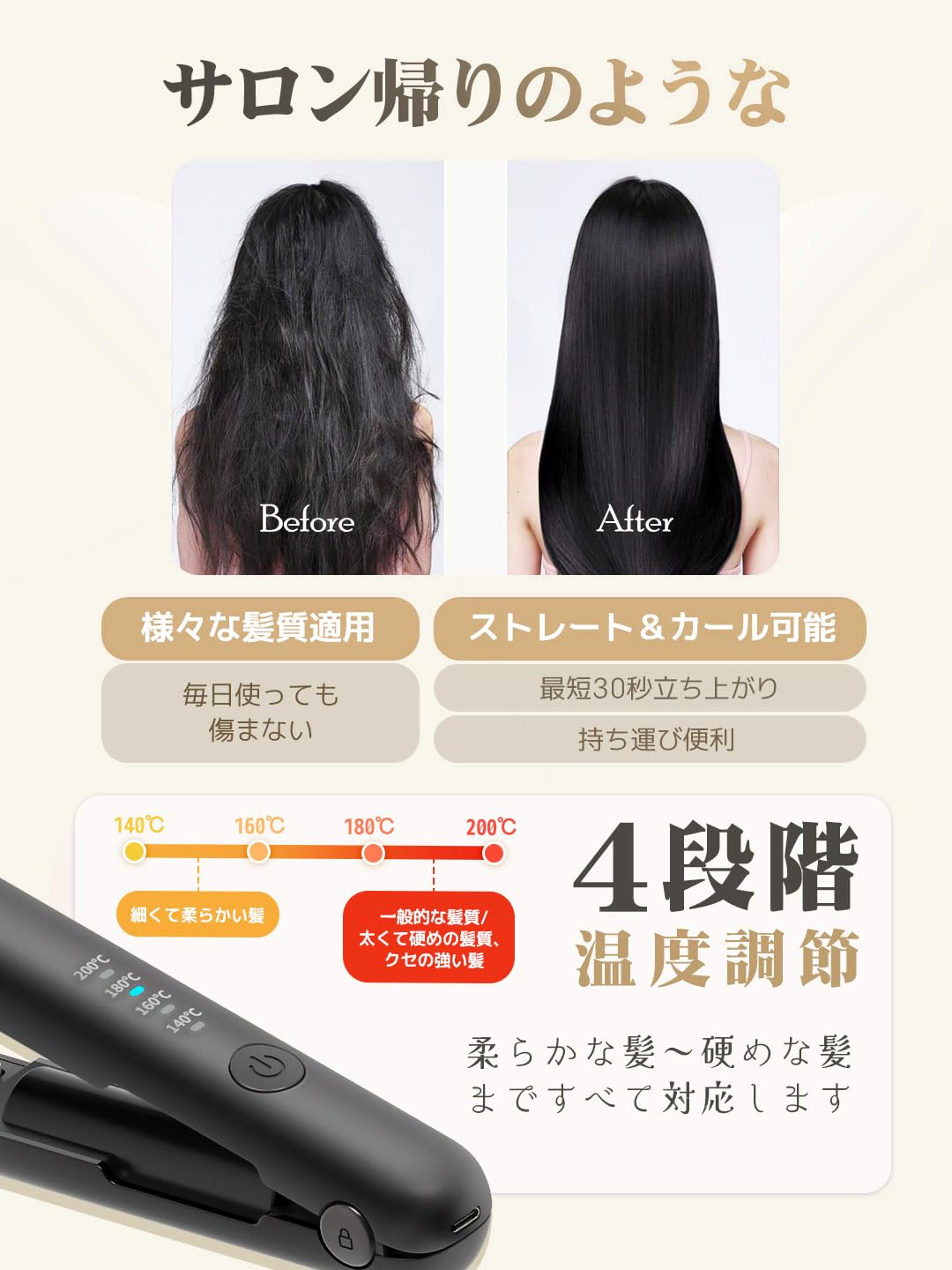 ヘアアイロン コードレス 2WAY カール/ストレート 充電式ヘアアイロン