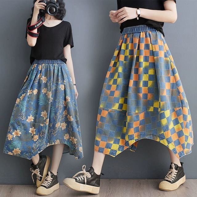 PRINT A-LINE IRREGULAR HEM MIDI DENIM SKIRT 2colors M-8958