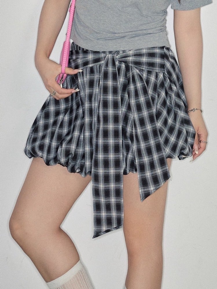 【Y2K】WONDERWEN フラワーバルーンシルエットチェックスカート Y2Kガーリーの主役 チェック柄リボン付きバルーンスカパン