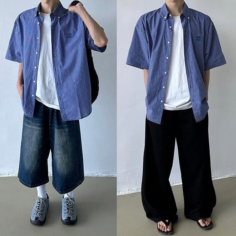 レトロ群青色格子柄の半袖シャツ