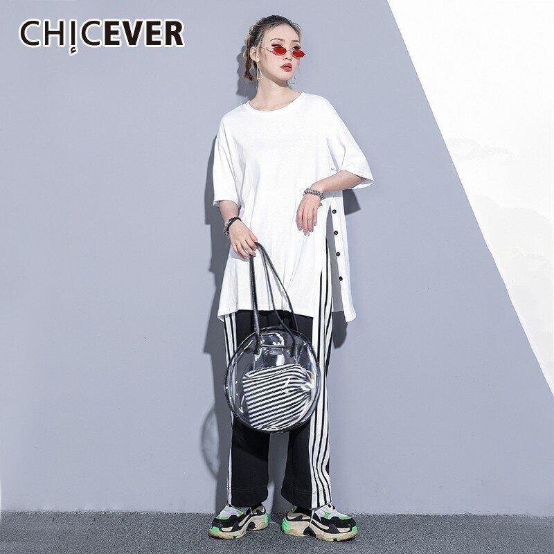 CHICEVERスプリングボタンサイドスプリットレディースTシャツOネック半袖ルーズスリムトップ2020 ショート ハーフスリーブ 春物 6base532377148204