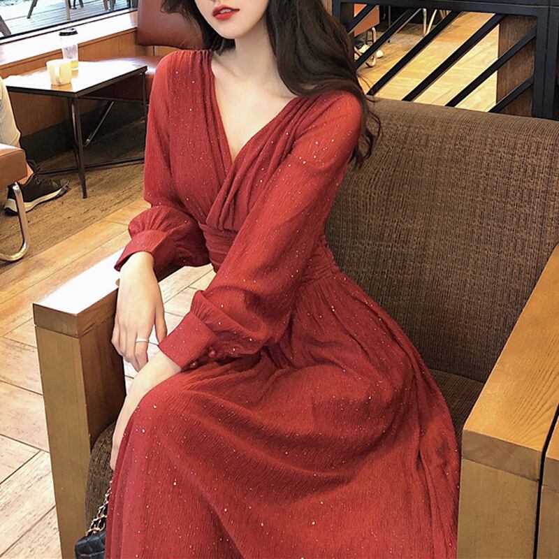 ワンピース 全3色展開 Vネック 無地 パーティー ドレス 綺麗 黒 赤 ピンク カジュアルワンピース Miyabigo