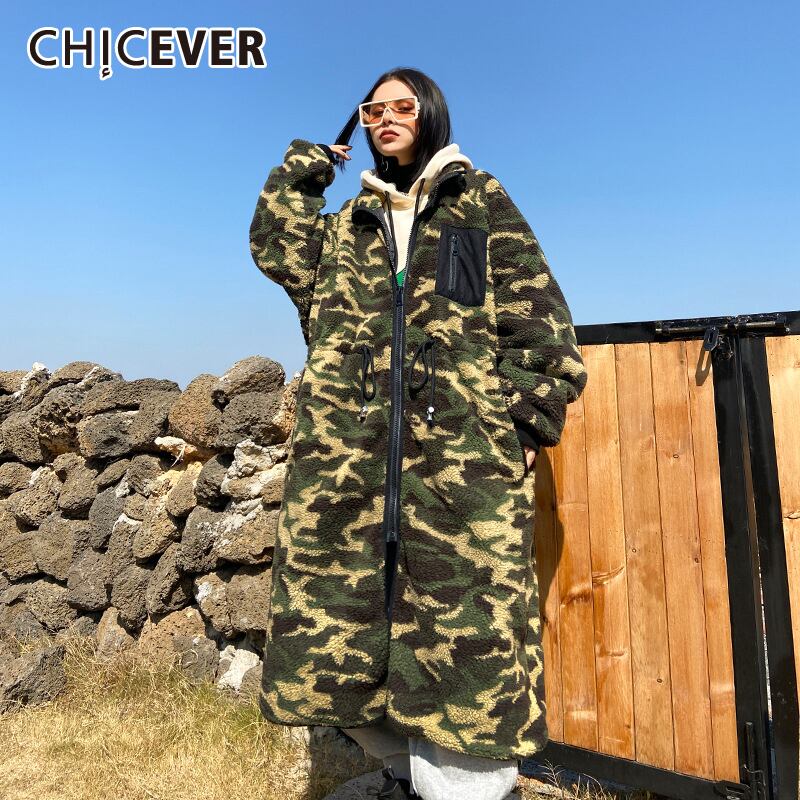 CHICEVERカモフラージュパーカーレディースラペル長袖ルーズヒットカラー特大コットンライナー厚手のコート2020服 ロング 6base571551838695