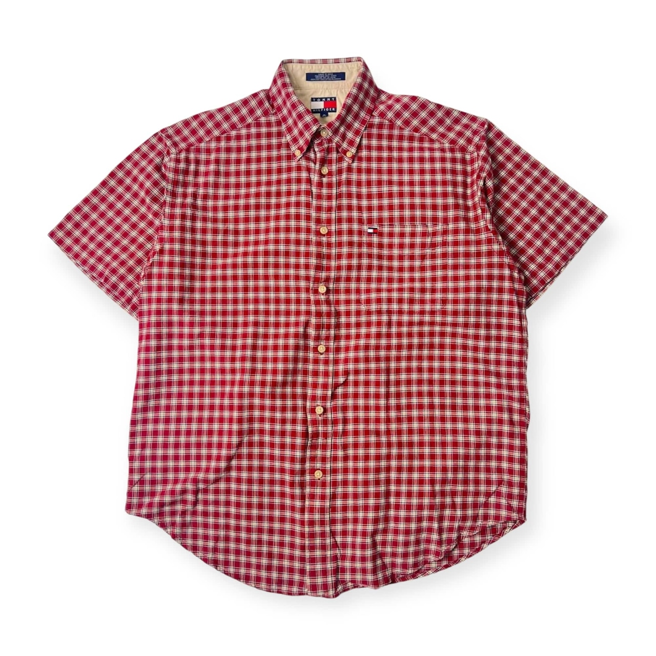 90s TOMMY HILFIGER トミーヒルフィガー チェック BD ボタンダウン オックスフォード 半袖シャツ M/レッド メンズ ビンテージ