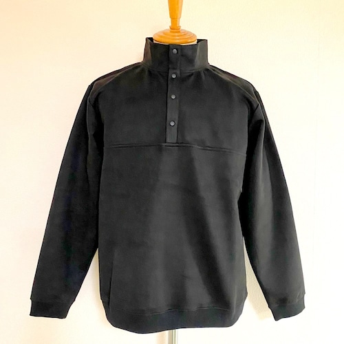 Suede Knit Stand Snap Pullover Black