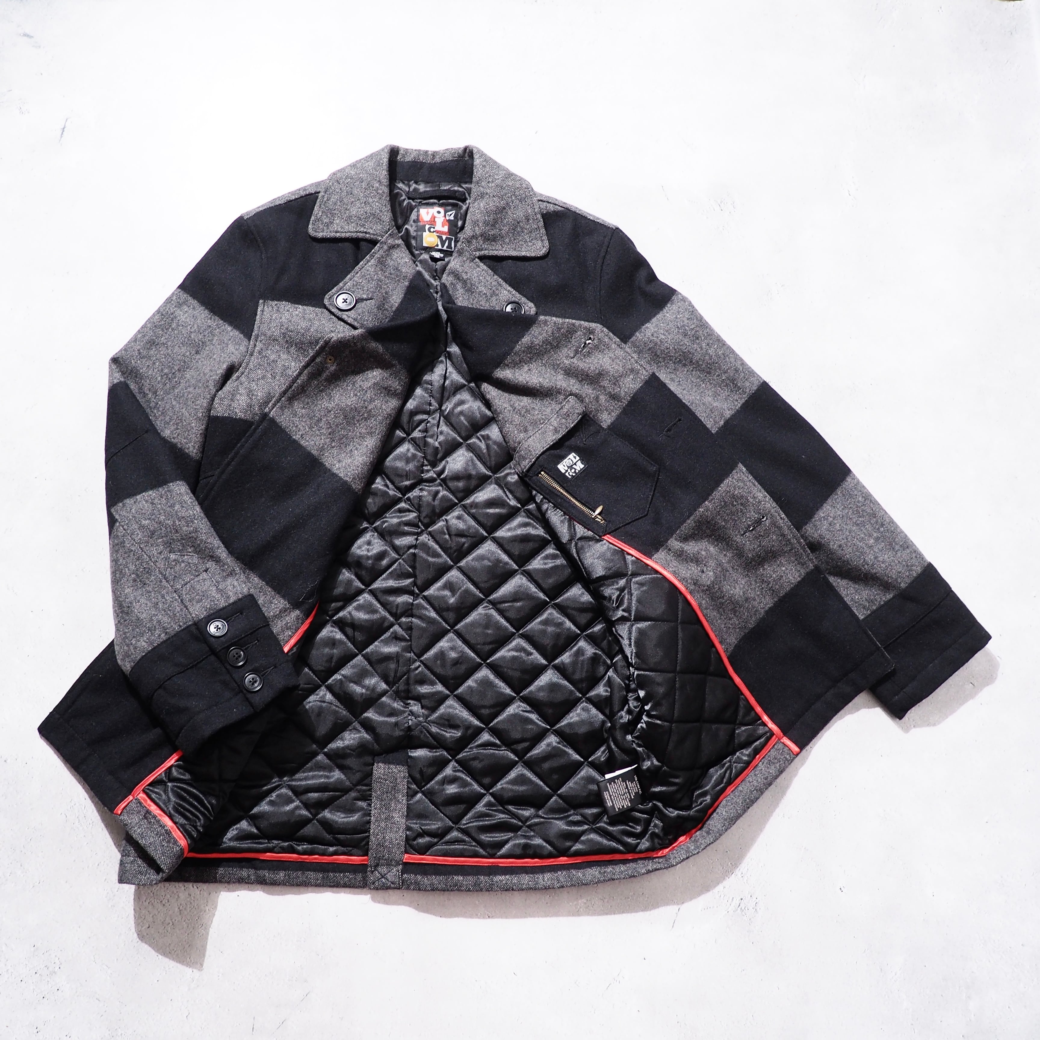 2000s " VOLCOM " Black × Dark grey Fat Border pattern wool Pea coat