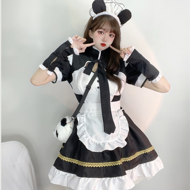即納 フレンチメイド服 パンダ ワンピース エプロン カチューシャ付き メイドカフェ コスプレ衣装
