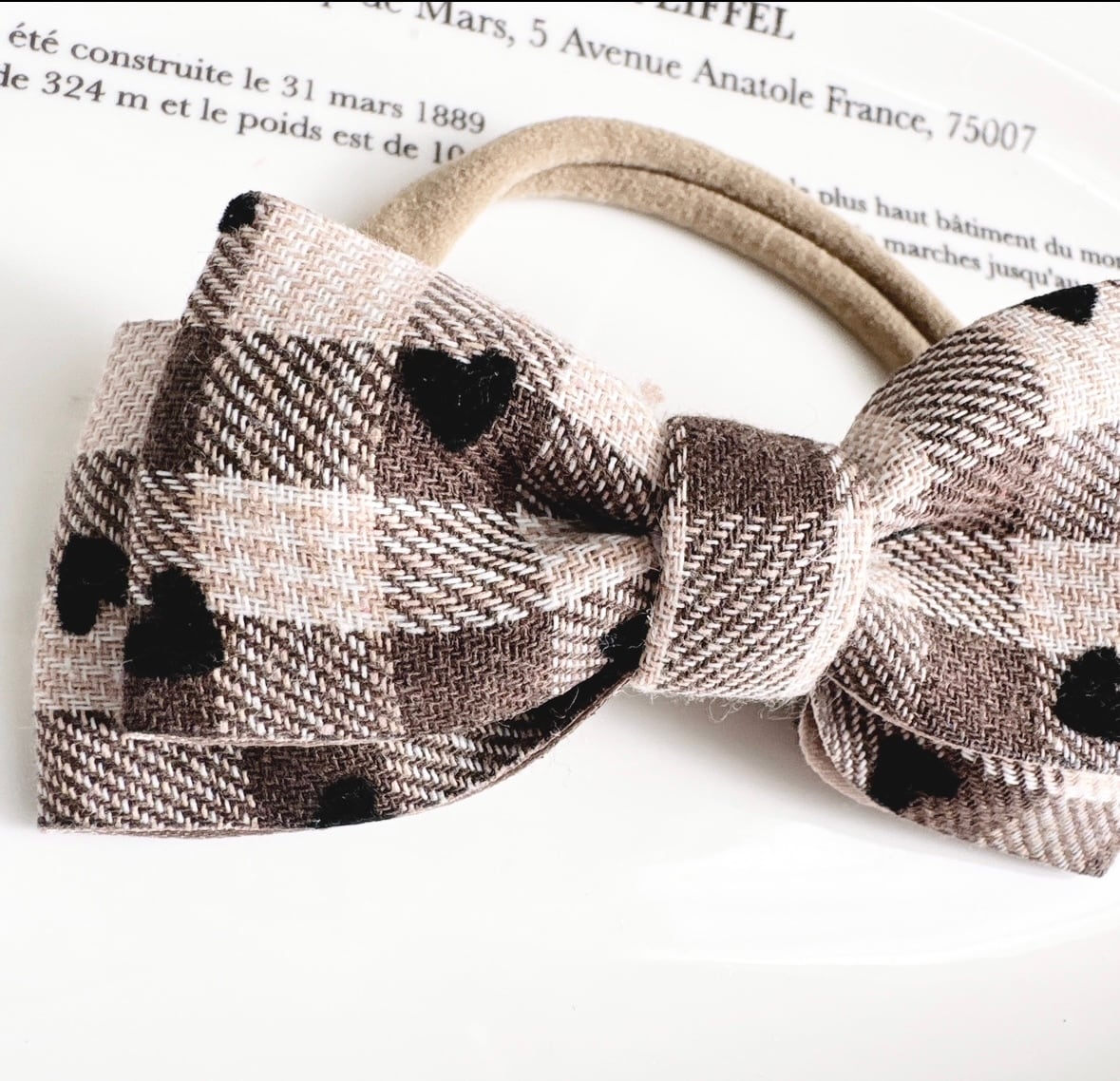 茶系ハートチェックリボンヘアバンド(後ろ支え付き)