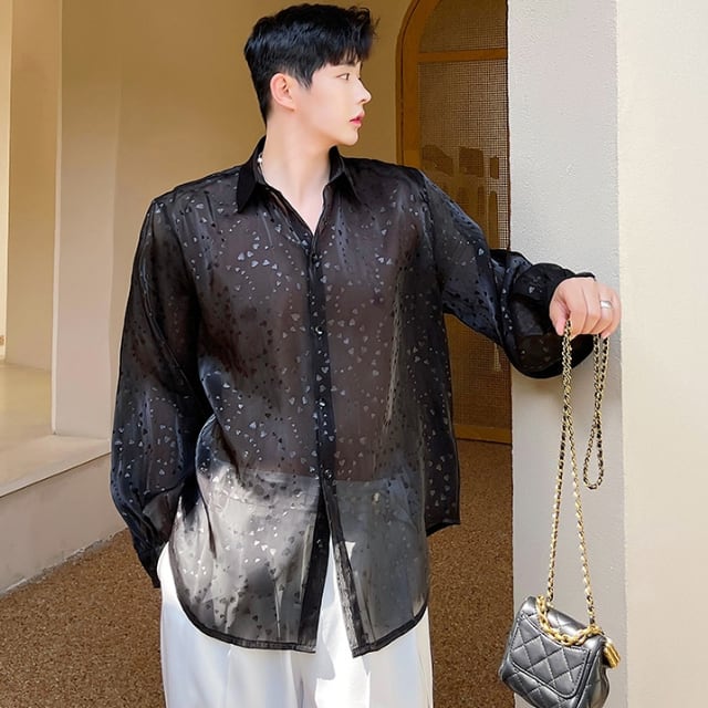 【予約販売】シャツ 長袖  透け感 肌見せ シアー メンズ グレー 模様 総柄 ブラック  カジュアル シック 結婚式 フォーマル こなれ感 お洒落  韓国 トレンド 春 秋 夏 M/L/XL