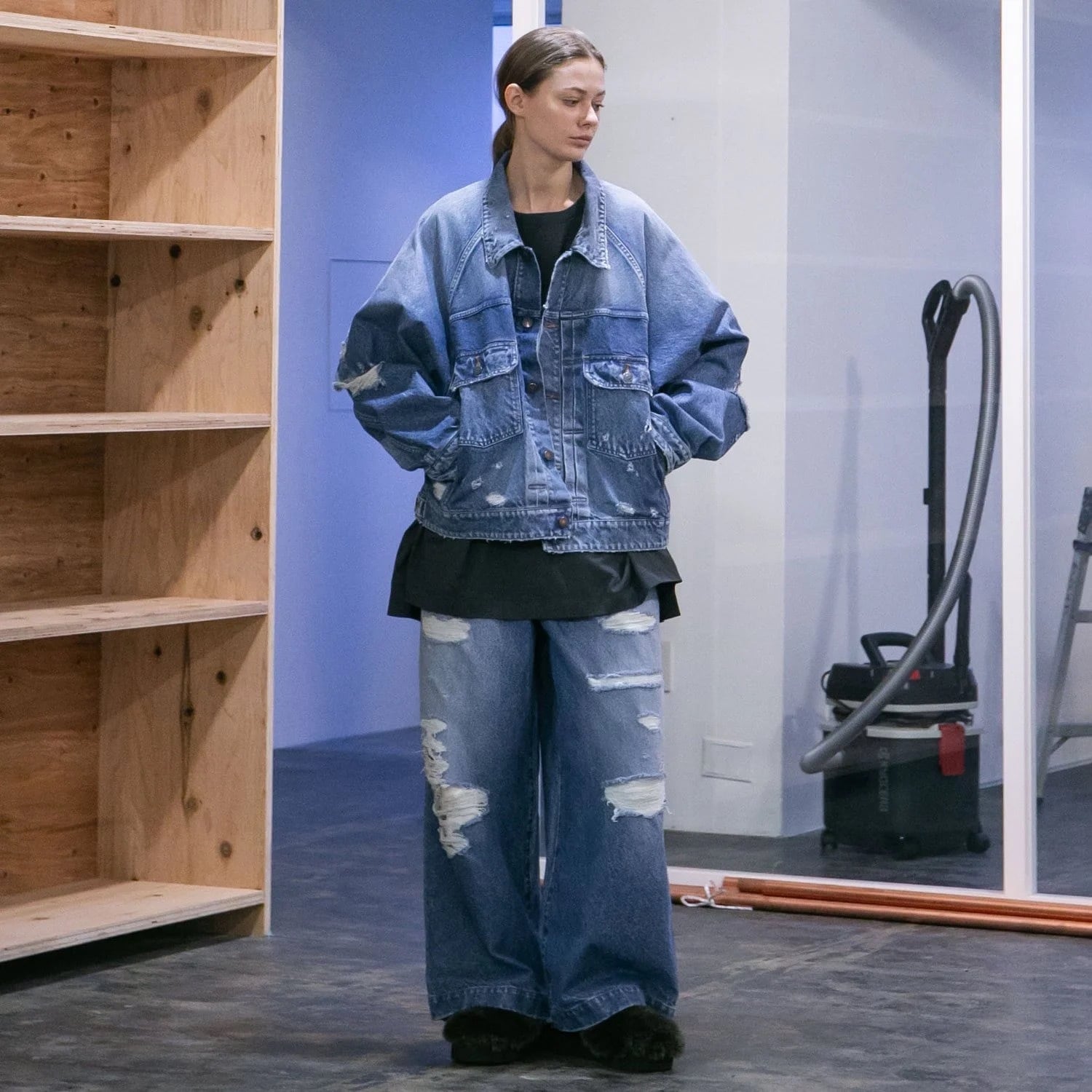 my beautiful landlet RIPPED DENIM TUCK WIDE PANTS BLUE | nua