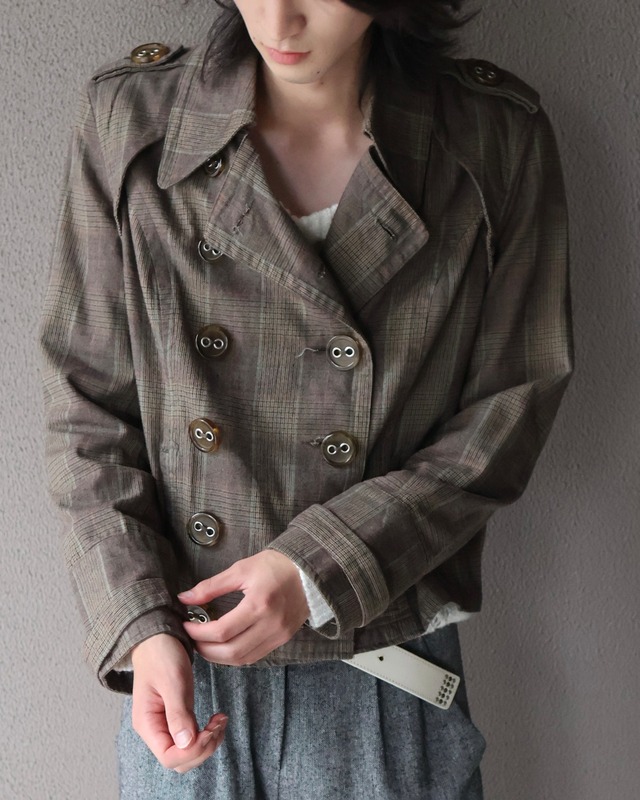 glen check short trench blouson