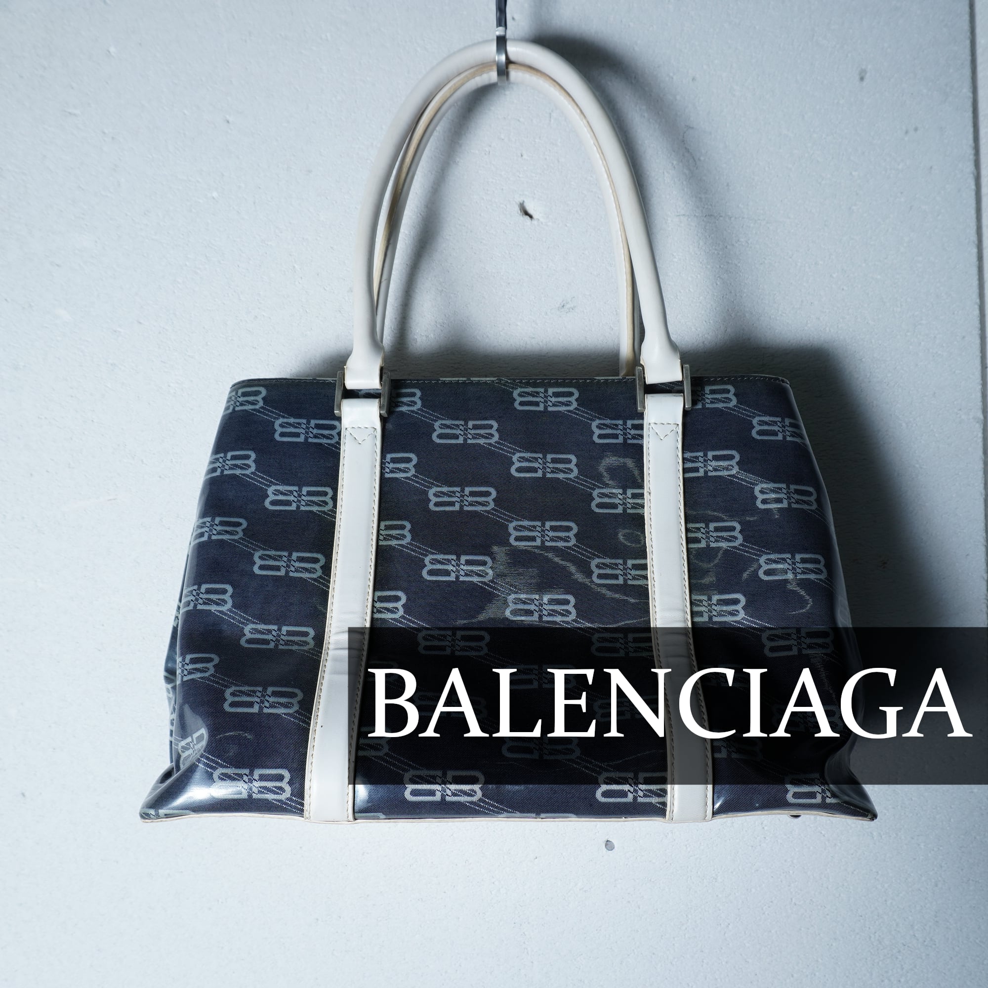 【美品】BALENCIAGA トートバッグ　デニム生地　BBロゴ　レザー　A4 美品】BALENCIAGA トートバッグデニム生地BBロゴレザーA4