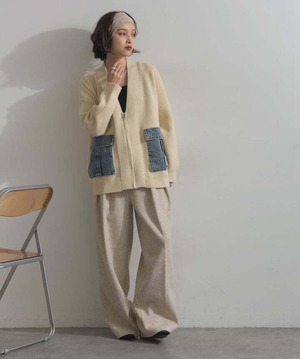 HD2510023 デニムポケットジップニットカーディガン ivory