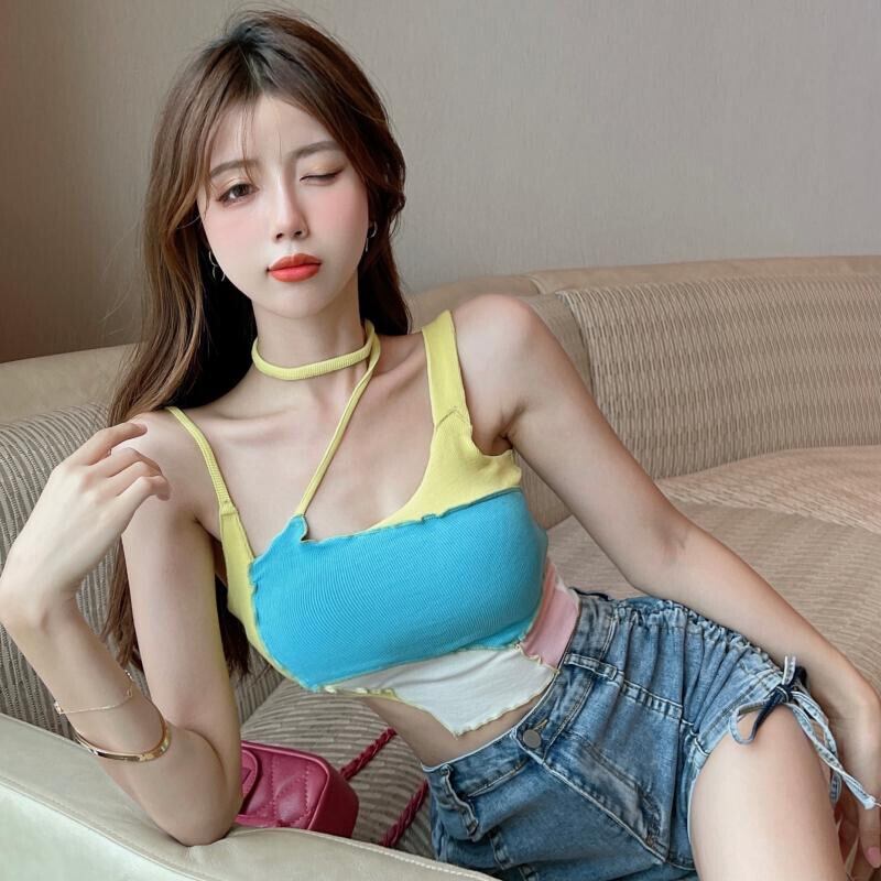 カラーショートサマーノースリーブニットトップス 大人ガーリー スウィート キュート カジュアル 夏物 ステッチ ガールズファッション30026292776