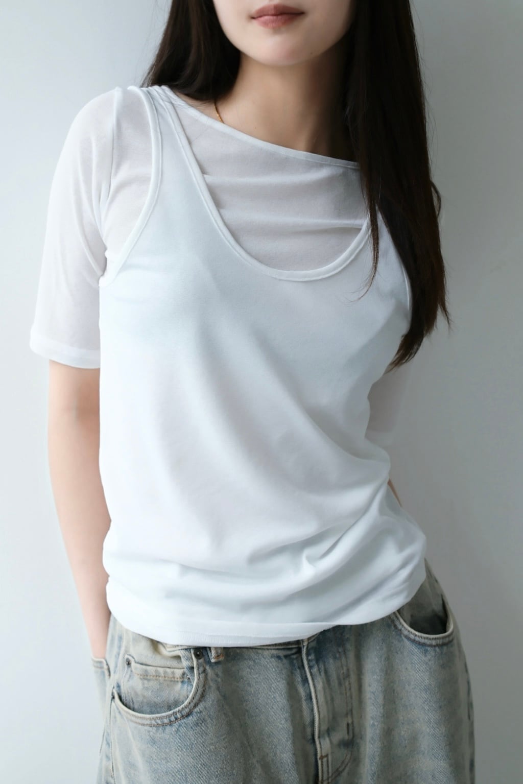 Asymmetry Layerd Sheer T-shirt カットシアーアシメレイヤードTシャツ White