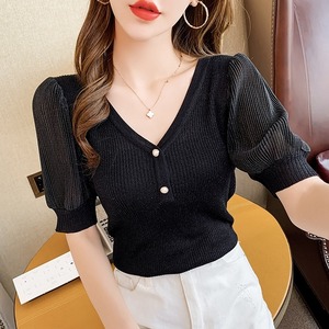 レディース トップス サマーニット Vネック シースルー 半袖 2色 袖あり スリム タイト 細身 かわいい 大人可愛い きれいめ シンプル 大人 上品 おしゃれ お洒落 大人可愛い 大人女子 ラブリー キュート ガーリー エレガント モダン 白 ホワイト 黒 ブラック 無地 春 夏 秋 10代 20代 30代 40代 オフィス ビジネス OL 通勤 学生 通学 デート お出かけ 休日 着回し 普段使い 重ね着 韓国 韓国系 オルチャン ファッション コーデ