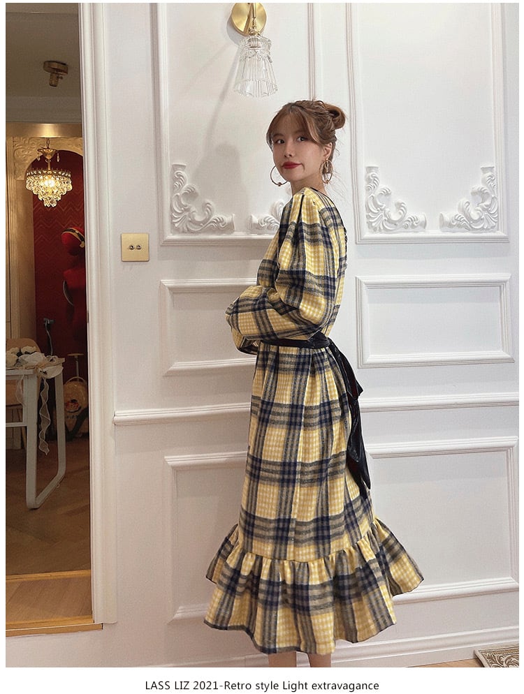 黄色 チェック ワンピース ゆったり ガーリー ツイード 黄色 黒 リボン